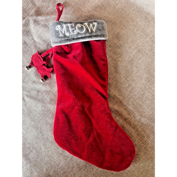 Other - Christmas Stocking Meow Pet Cat Kitty Kitten Red Silver Fish Bells Velvet 15"
